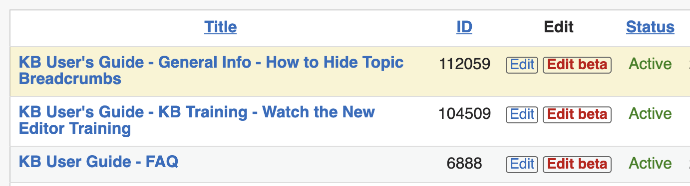 The Edit beta link will be the second link in the Edit column.