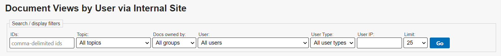 The ID field and search filters appear at the top of the page. Filters include a Topic dropdown, a Docs owned by dropdown, a User dropdown, a User Type dropdown, a User IP search, and a Limit number of results dropdown.